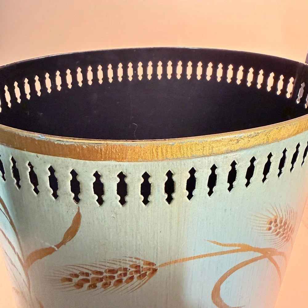 Vintage Hand Painted Metal Wastebasket Blue Gold Wheat Grasshopper Nature Decor